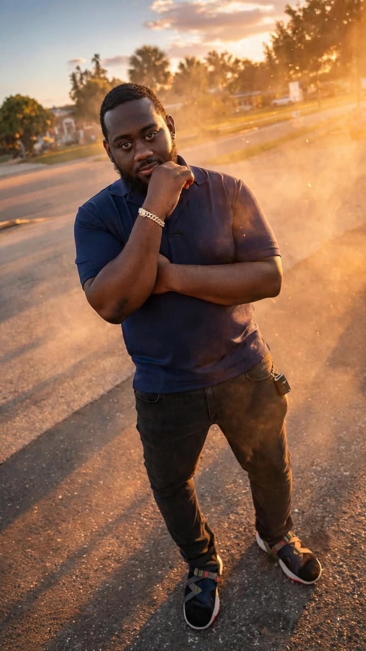 Blackz of Kingdom Entertainment standing on a street at golden hour